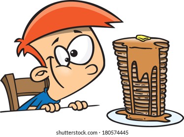 happy cartoon boy looking at a huge stack of pancakes