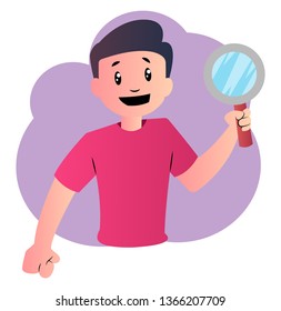 Niño de dibujos animados feliz con iluminación vectorial magnificante sobre fondo blanco