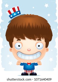 A happy cartoon boy in a patriotic costume standing and smiling.