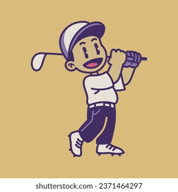 Happy Cartoon Boy Playing Golf in Vintage Style