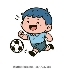 Feliz Cartoon Boy Jogando Futebol Chutando uma Bola