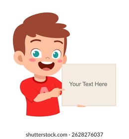 Happy cartoon boy pointing at blank signboard with copy space for your text