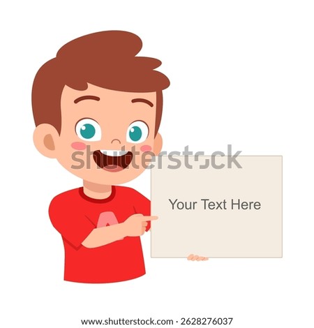 Happy cartoon boy pointing at blank signboard with copy space for your text
