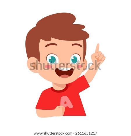 Happy Cartoon Boy Pointing Upward with a Smile, Wearing a Red Shirt with Letter A