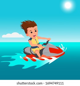 happy cartoon boy riding jetski in flat color