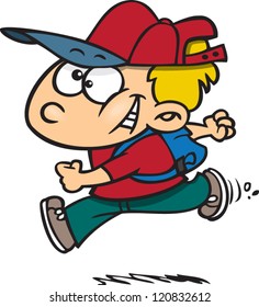 happy cartoon boy running with a backpack and ball cap on