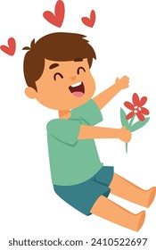 Happy cartoon boy sitting holds flower with hearts. Kid showing love with a cheerful expression. Joyful child with plant, happiness concept vector illustration.