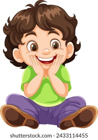 Happy cartoon boy sitting with a joyful expression