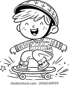 Happy cartoon boy to skateboard. Isolated outline vector illustration. Coloring book page