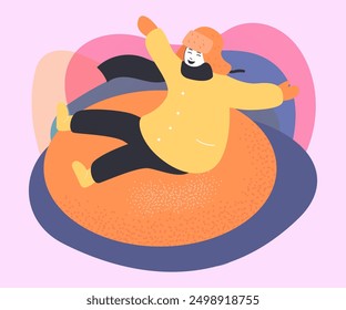 Happy cartoon boy sliding down hill on tube. Kid in warm clothes snow tube and having fun flat vector illustration. Winter activities, childhood concept for banner