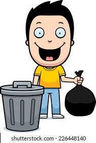 A Happy Cartoon Boy Taking Out The Trash.