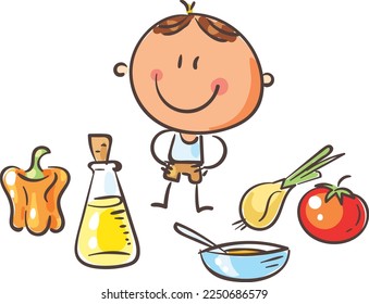 Happy cartoon boy with vegetable, cook preparing health eating, vector clipart illustration