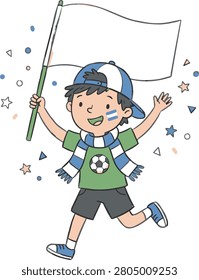 A happy cartoon boy wearing a cap, scarf, and face paint in blue and white stripes, runs with a blank flag. He has a soccer ball emblem on his shirt. Confetti and stars surround him, suggesting a cele