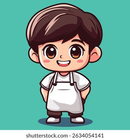 A happy cartoon boy, wearing a white apron, smiles broadly. His large eyes and dark hair are distinctive.