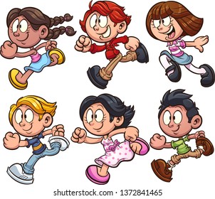 Happy cartoon boys and girls running clip art. Vector illustration with simple gradients. Each on a separate layer. 
