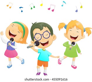 Happy cartoon boys and girls singing