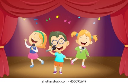 Happy cartoon boys and girls singing on the stage