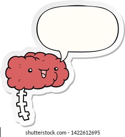cerebro de caricatura feliz con pegatina de burbuja de habla