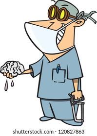 Happy Cartoon Brain Surgeon Doctor Wearing Scrubs And Holding A Saw