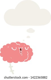 happy cartoon brain with thought bubble in retro style