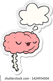 cerebro de caricatura feliz con burbuja de pensamiento como pegatina impresa