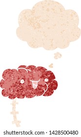 happy cartoon brain with thought bubble in grunge distressed retro textured style
