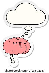 cerebro de caricatura feliz con burbuja de pensamiento como pegatina impresa