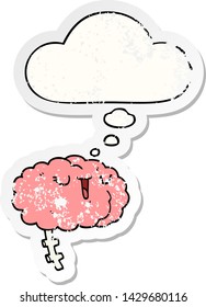 cerebro de caricatura feliz con burbuja de pensamiento como pegatina gastada angustiada