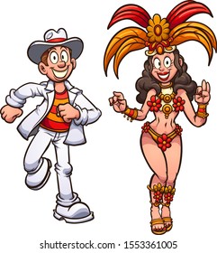 Happy cartoon Brazilian carnival dancers clip art. Vector illustration with simple gradients. Each on a separate layer. 
