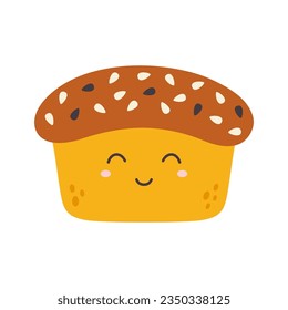 happy cartoon bread character, bakery icon, vector illustration of funny wheat bread isolated on white background, food concept