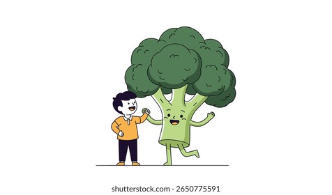 Personagem de brócolis de desenho animado feliz dançando com um homem