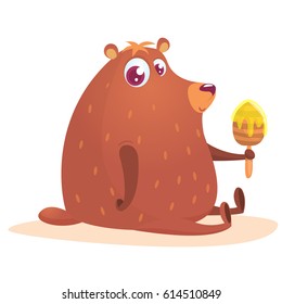 Happy cartoon brown bear with honey wooden stick. Vector illustration isolated