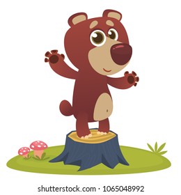 Happy cartoon brown bear standing on a wooden stump. Vector illustration

