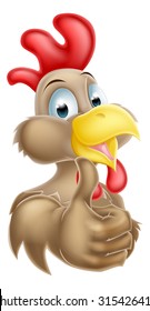 A happy cartoon brown chicken mascot giving a thumbs up