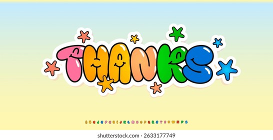 Happy cartoon bubble letters, word thanks. Colorful inflated text with smiling faces and stars. Great for kids birthday cards, fun party invites, school posters, stickers. Vector illustration.