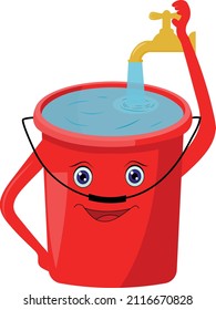 Happy cartoon bucket under water tap vector illustration