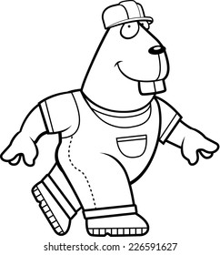 A happy cartoon builder beaver walking and smiling.