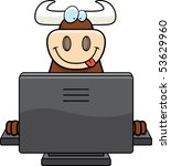 A happy cartoon bull with a computer.