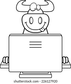A happy cartoon bull with a computer.