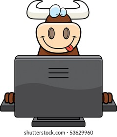 A happy cartoon bull with a computer.