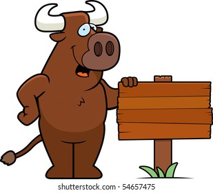 A happy cartoon bull standing next to a wood sign.