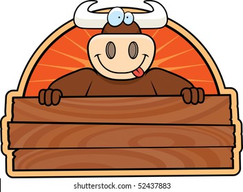A happy cartoon bull with a wooden sign.