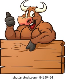 Happy cartoon bull with a wooden sign. Vector illustration with simple gradients. All in a single layer.