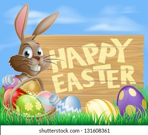 Happy cartoon Bunny character with Easter Eggs and hamper and wooden Happy Easter sign