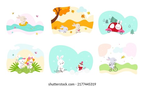 Happy Cartoon Bunny In Different Seasons. Cute Fun Bunnies Walk In Autumn Forest, Drive Auto With Christmas Tree. New Year Holidays And Summer Time Nowaday Vector Kid Prints