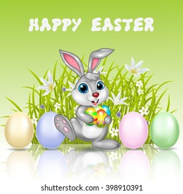 Happy cartoon bunny holding an Easter egg