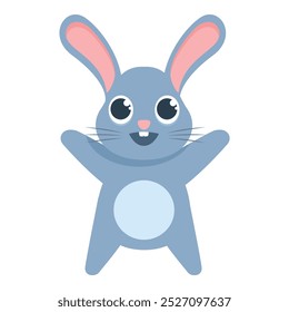 Happy cartoon bunny rabbit raising its paws in the air and smiling