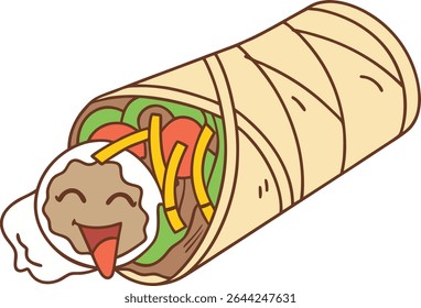 Happy cartoon burrito with meat and vegetables