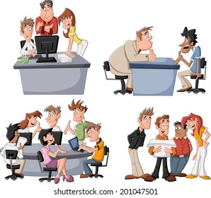 Happy cartoon business people working on office