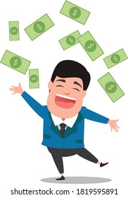 Happy cartoon businessman dance under dollars money rain stiker isolated on white background
